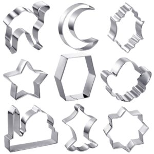 9 pieces eid mubarak cookie cutters eid ramadan biscuit molds diy biscuit cutters stainless steel fondant cutters with lantern camel moon design for eid mubarak holiday party supplies