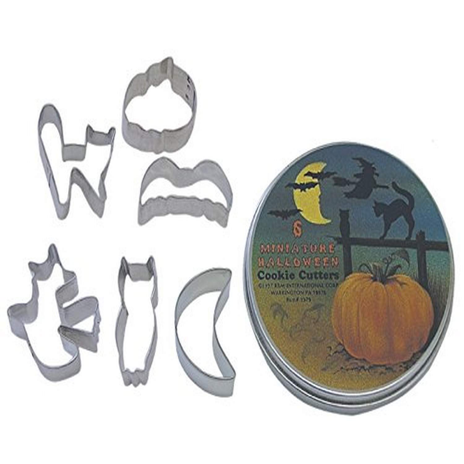 R&M International Mini Halloween Cookie Cutters, Bat, Pumpkin, Owl, Moon, Cat, Flying Witch, 6-Piece Set