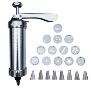 cookie press and icing set, aluminium alloy cookie decorating tools, excellent baking supplies, including 13 cookie pattern discs and 8 icing nozzles