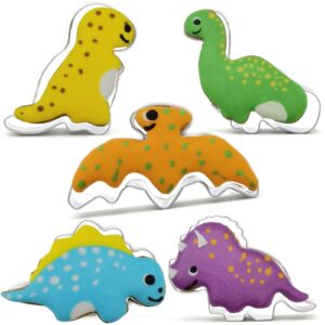 mini dinosaurs shaped cookie cutter set of 5 pcs, stainless steel dino fondant cutters set pastry biscuit baking clay diy molds for kids