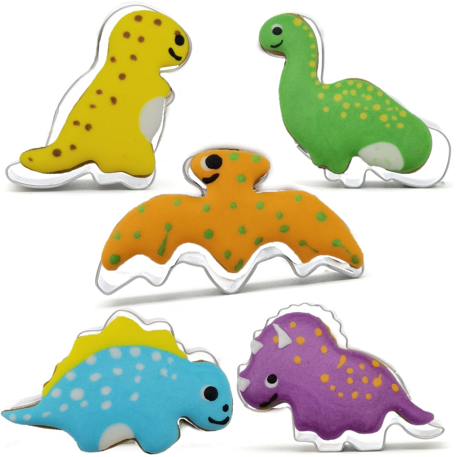Mini Dinosaurs Shaped Cookie Cutter Set of 5 pcs, Stainless Steel Dino Fondant Cutters Set Pastry Biscuit Baking Clay DIY Molds for Kids