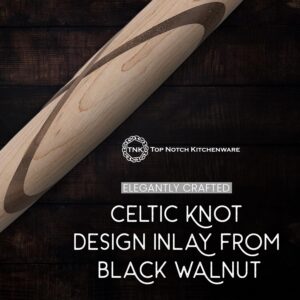 Sugar Maple with Black Walnut Celtic Knot French Style Rolling Pin: Tapered Solid Wood Design. Hand Crafted in the USA