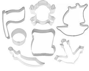 pirate treasure cookie cutter 7 piece set from the cookie cutter shop - gold coin, skull & crossbones, sword, pirate ship, cookie cutters – tin plated steel cookie cutters