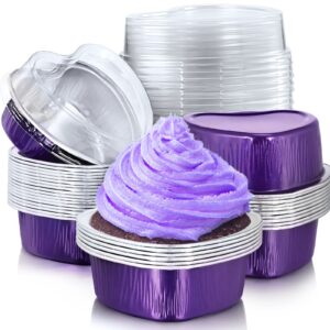 mini aluminum foil cake pan with clear lids 55 ml/ 1.86 oz heart shaped foil cupcake cups disposable aluminum dessert baking cups pans for valentine wedding mother's day parties (purple, 200 sets)