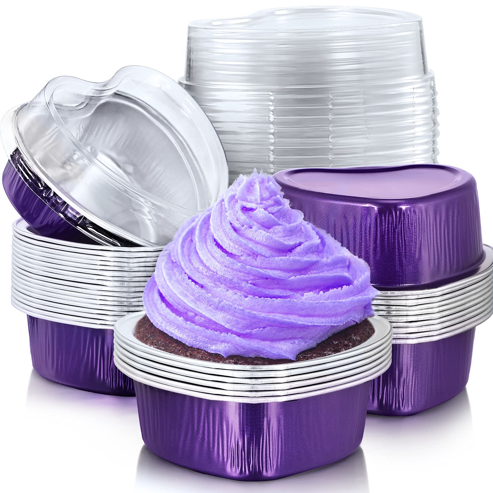 Mini Aluminum Foil Cake Pan with Clear Lids 55 ml/ 1.86 oz Heart Shaped Foil Cupcake Cups Disposable Aluminum Dessert Baking Cups Pans for Valentine Wedding Mother's Day Parties (Purple, 200 Sets)