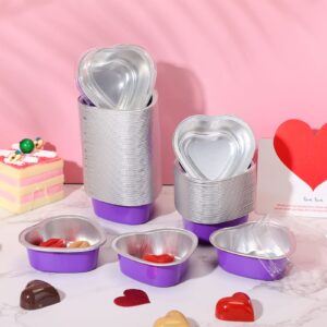 Mini Aluminum Foil Cake Pan with Clear Lids 55 ml/ 1.86 oz Heart Shaped Foil Cupcake Cups Disposable Aluminum Dessert Baking Cups Pans for Valentine Wedding Mother's Day Parties (Purple, 200 Sets)