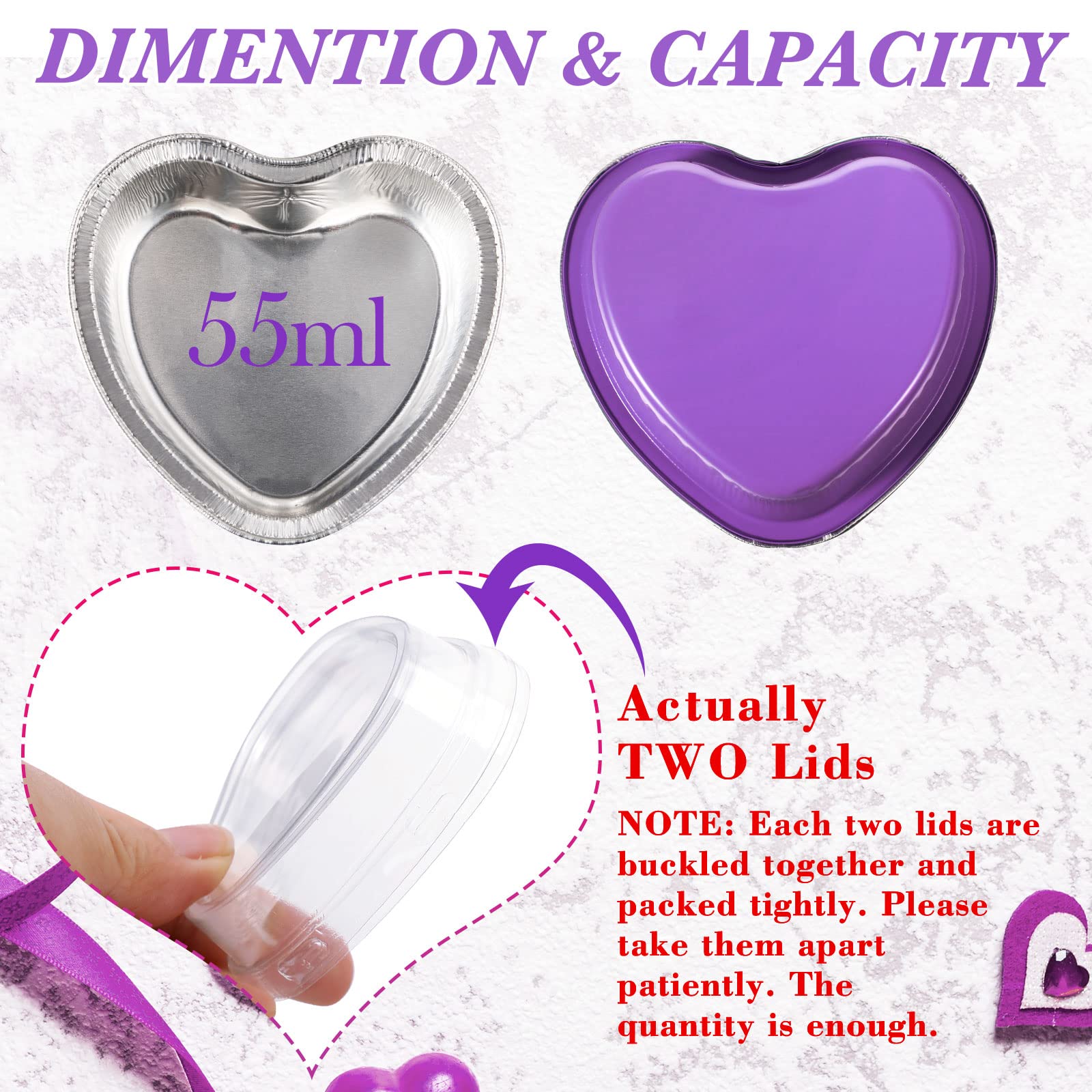 Mini Aluminum Foil Cake Pan with Clear Lids 55 ml/ 1.86 oz Heart Shaped Foil Cupcake Cups Disposable Aluminum Dessert Baking Cups Pans for Valentine Wedding Mother's Day Parties (Purple, 200 Sets)