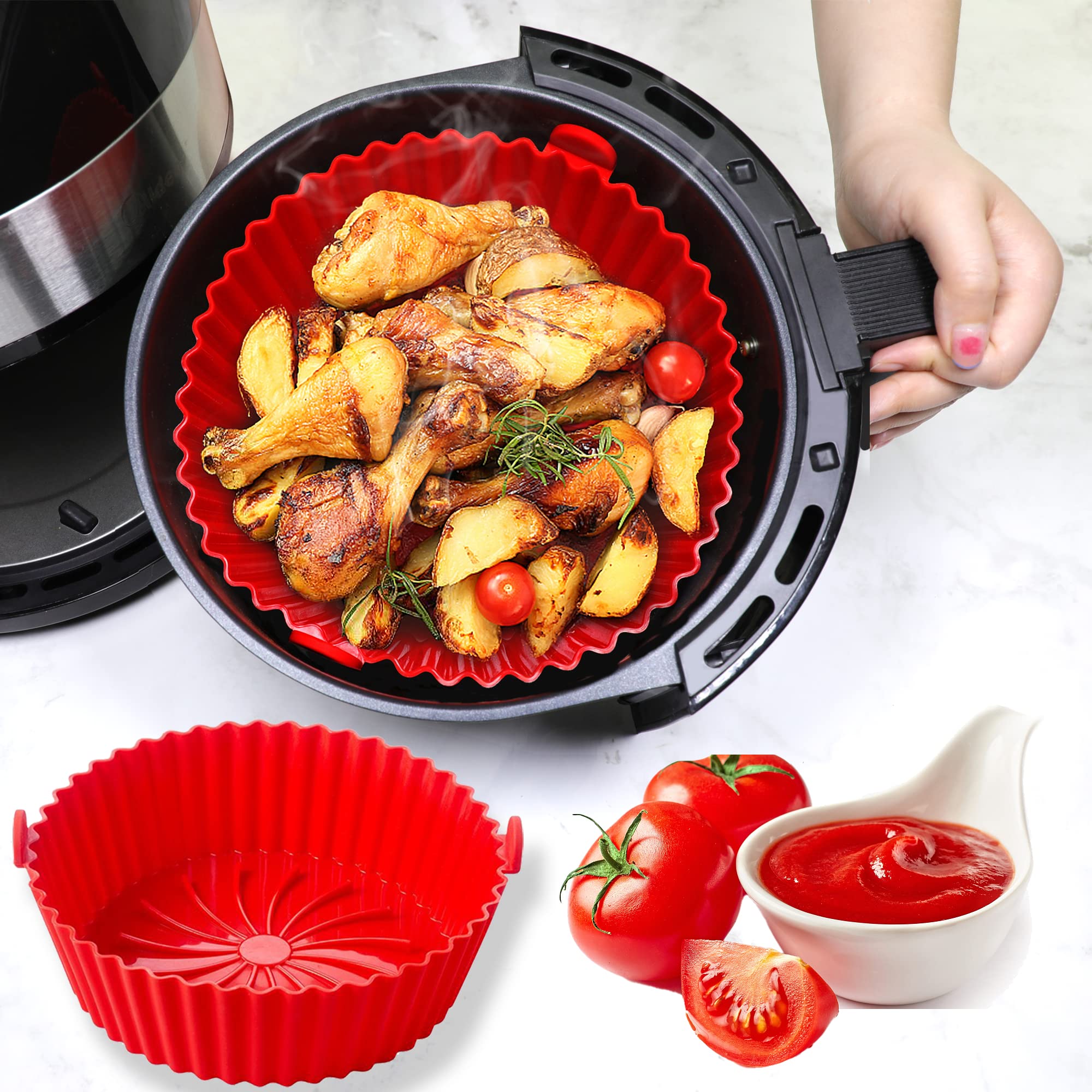 7.8"Air Fryer Silicone Pot Replaces Flammable Parchment Liner, Reusable Air Frying Pan Oven Accessories Circular Tray, Round Tray Suitable for Dishwasher Fridge Oven Outdoor Fruit Basket(Red)