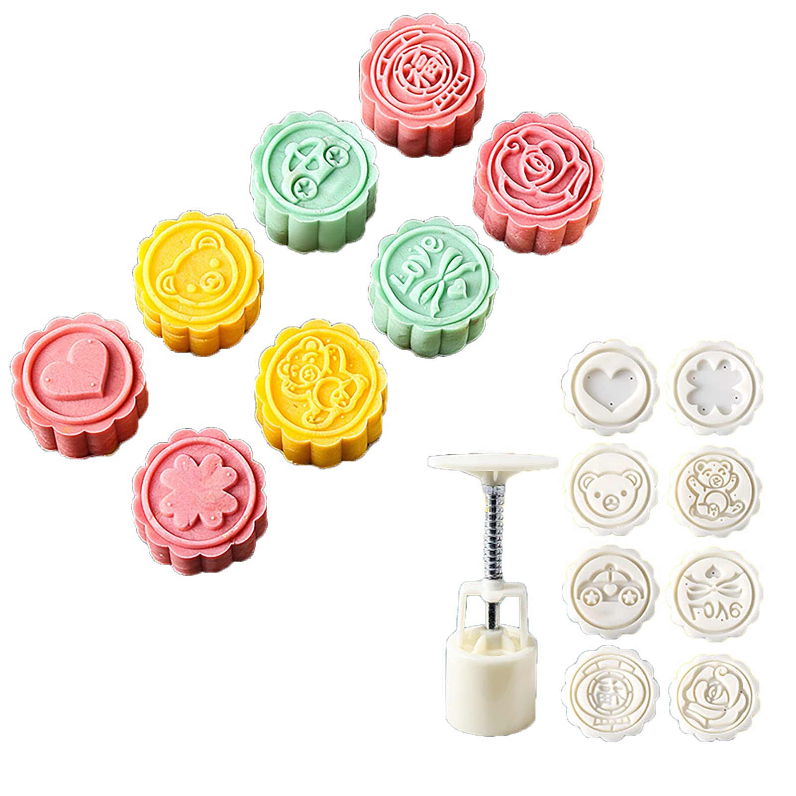 Moon Cake Mold, 50g/1.8oz Mid Autumn Festival Flower Animal Mooncake Mould, DIY Hand Press Cookie Stamps Pastry Tool for Kitchen Gadgets Baking Accessories (50g Cartoon2-1Mold+8Stamp)