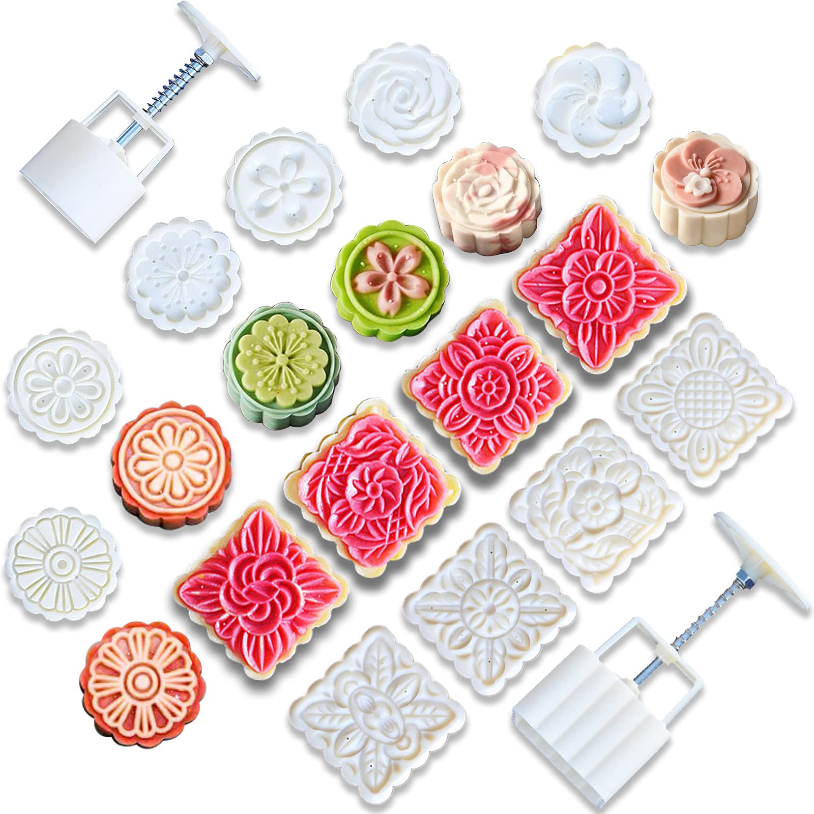 10 PCS Moon cake Molds, Mid-Autumn Festival Hand-Pressure, Square/Round/Flower Mode Patterns 2 Mold 10 Stamps 125g/75g-Cookie Stamps DIY Decoration Press Cake Cutter