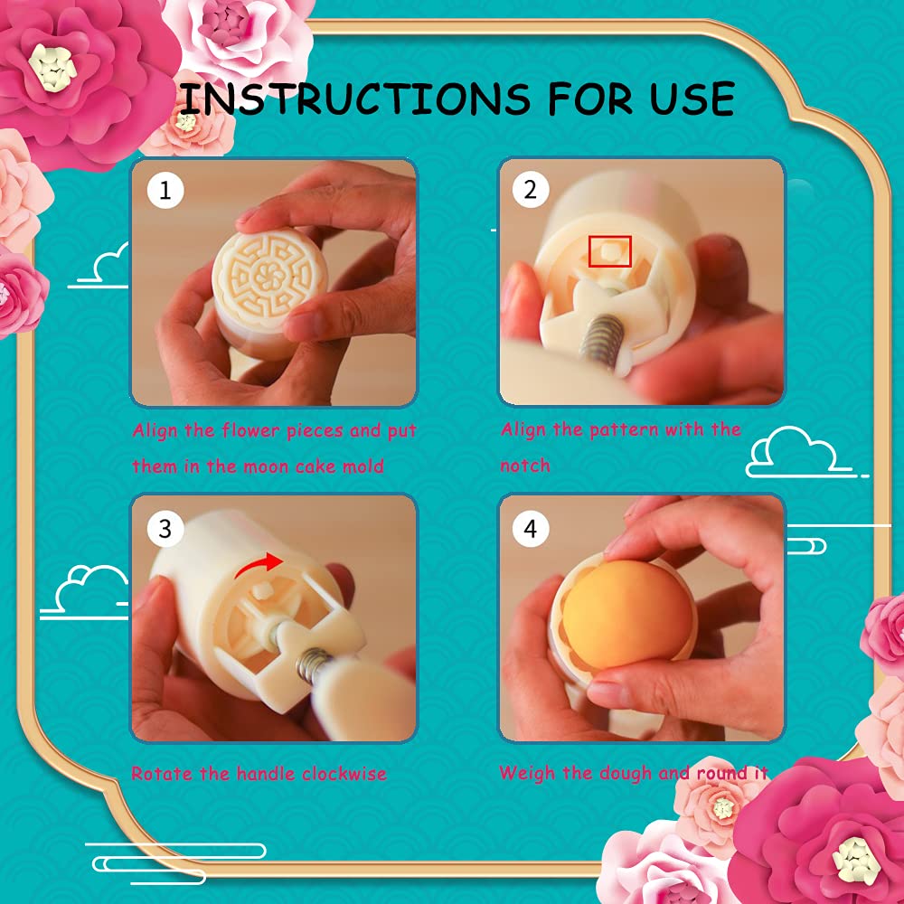 10 PCS Moon cake Molds, Mid-Autumn Festival Hand-Pressure, Square/Round/Flower Mode Patterns 2 Mold 10 Stamps 125g/75g-Cookie Stamps DIY Decoration Press Cake Cutter