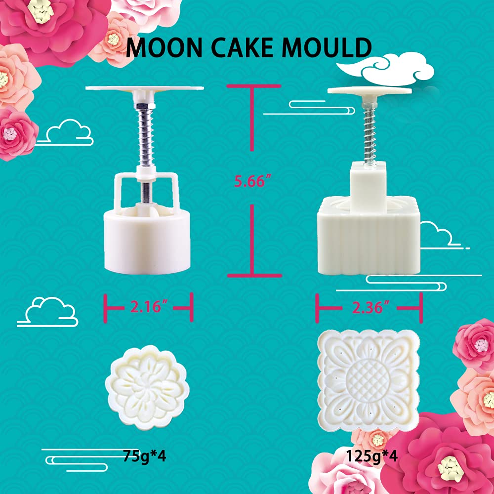 10 PCS Moon cake Molds, Mid-Autumn Festival Hand-Pressure, Square/Round/Flower Mode Patterns 2 Mold 10 Stamps 125g/75g-Cookie Stamps DIY Decoration Press Cake Cutter