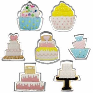 cake shaped cookie cutters set of 7 pcs, stainless steel cupcake/birthday cake/wedding cake series fondant cutter molds baking diy