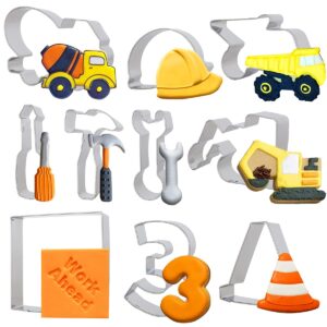 fangleland construction cookie cutter stainless steel 10 pack with dump truck tractor cement mixer hammer spanner fondant dough biscuit mold for 3rd birthday party supplies