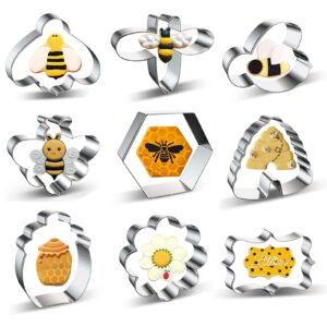 bee cookie cutter set of 9 with cute bee beehive flower honeycomb hexagon honey jar pot plaque frame cookie cutters shapes fondant molds for honey bee party - stainless steel