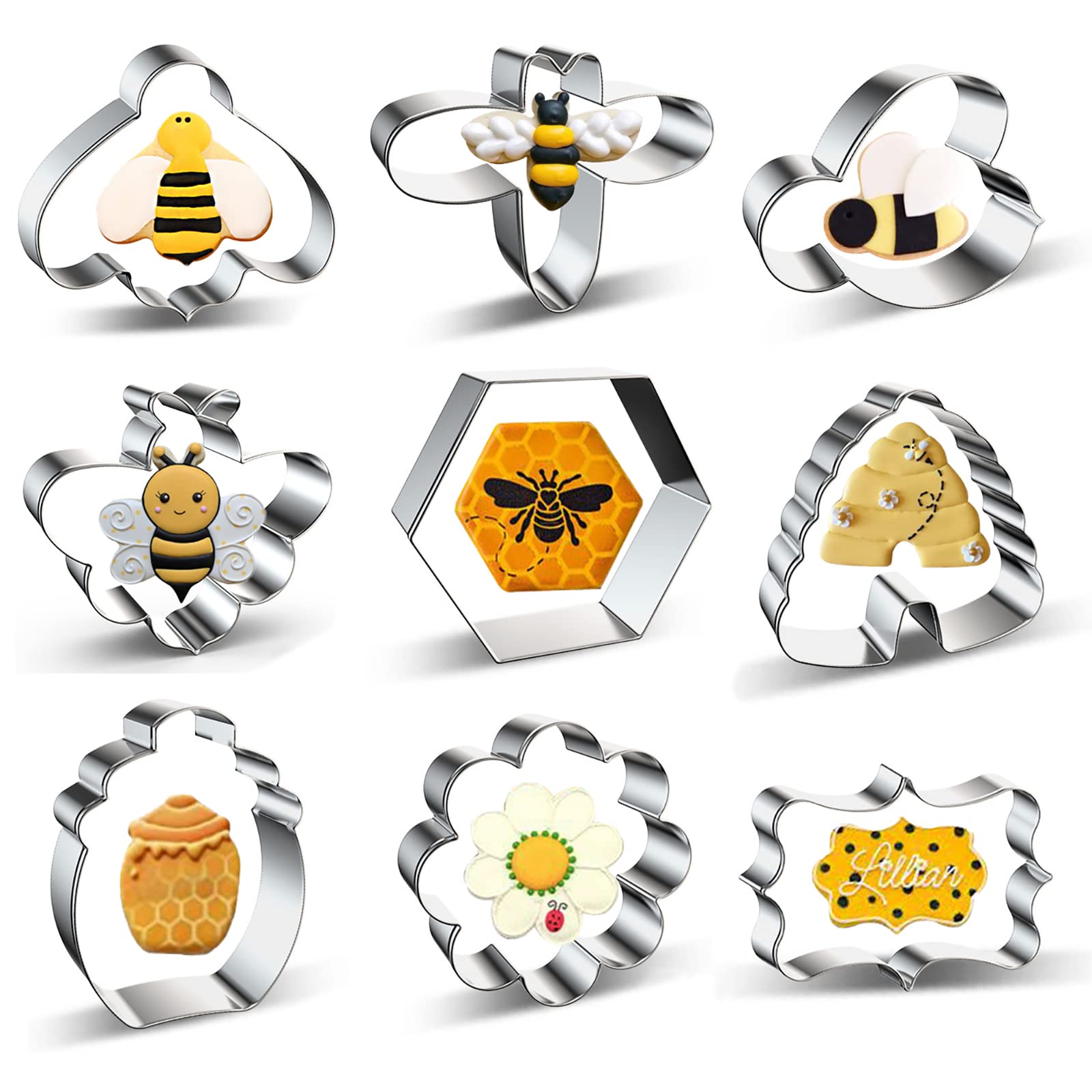 Bee Cookie Cutter Set of 9 with Cute Bee Beehive Flower Honeycomb Hexagon Honey Jar Pot Plaque Frame Cookie Cutters Shapes Fondant Molds for Honey Bee Party - Stainless Steel