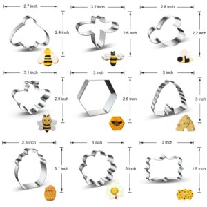 Bee Cookie Cutter Set of 9 with Cute Bee Beehive Flower Honeycomb Hexagon Honey Jar Pot Plaque Frame Cookie Cutters Shapes Fondant Molds for Honey Bee Party - Stainless Steel