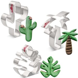 liliao tropical flamingo cookie cutter set - 3 piece - palm tree, cactus and tropical monstera leaf biscuit fondant cutters - stainless steel