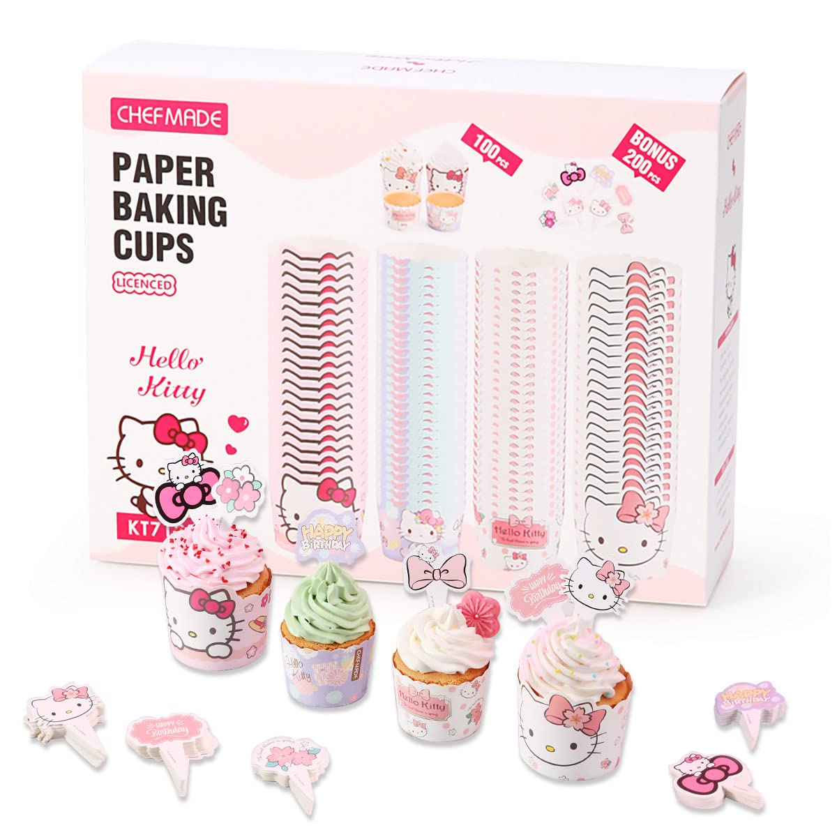 CHEFMADE 100 Pack Baking Cups Liner, 2 Oz Hello Kitty Cupcake Liners with 200Pack Mini Card, Cupcake Paper Cups for Muffins Desserts, Bake Sales, Wedding Table Decor, Baby Showers, Party Treats