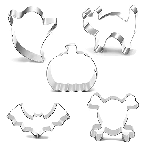 Halloween Cookie Cutters,5 Pcs Halloween Cookie Cutters Set for Baking,Pumpkin Cookie Cutters,Ghost Cookie Cutter,Stainless Steel Skull Cat Bat Shapes Halloween Cookie Cutters for kids