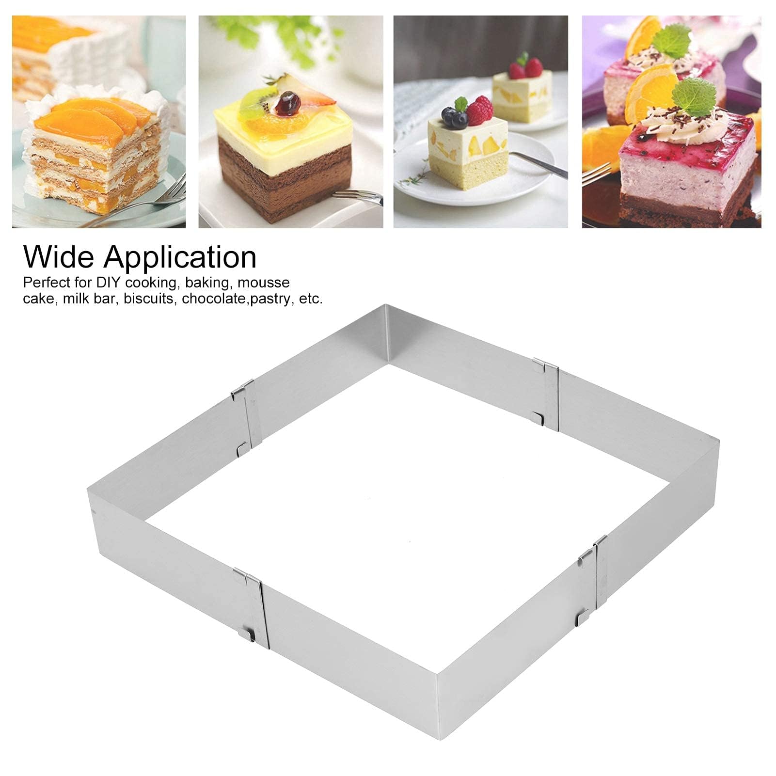 Square Cake Mold Ring, 6 to 11 inch Adjustable Stainless Steel Mousse Cake Ring Square Cookie Cutter Pastry Baking Mold for Birthday Cake, Party Dessert, Tiramisu