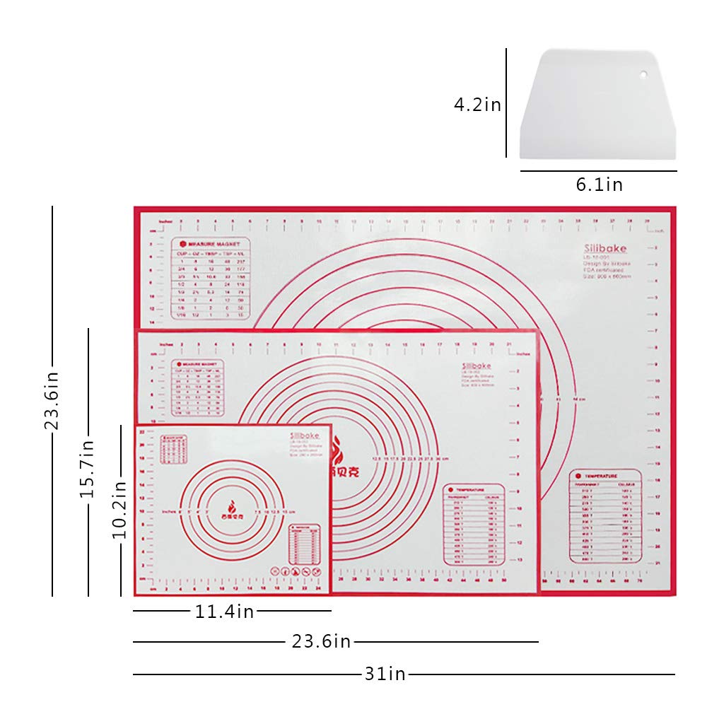 3 Pcs Nonstick Silicone Pastry Mat Large Dough Rolling Mat Extra Thick，Baking Mat Toaster Oven With Cut Dough Knife - 3 Size - 24'' x 32'', 16'' x 24'', 10'' x 11''