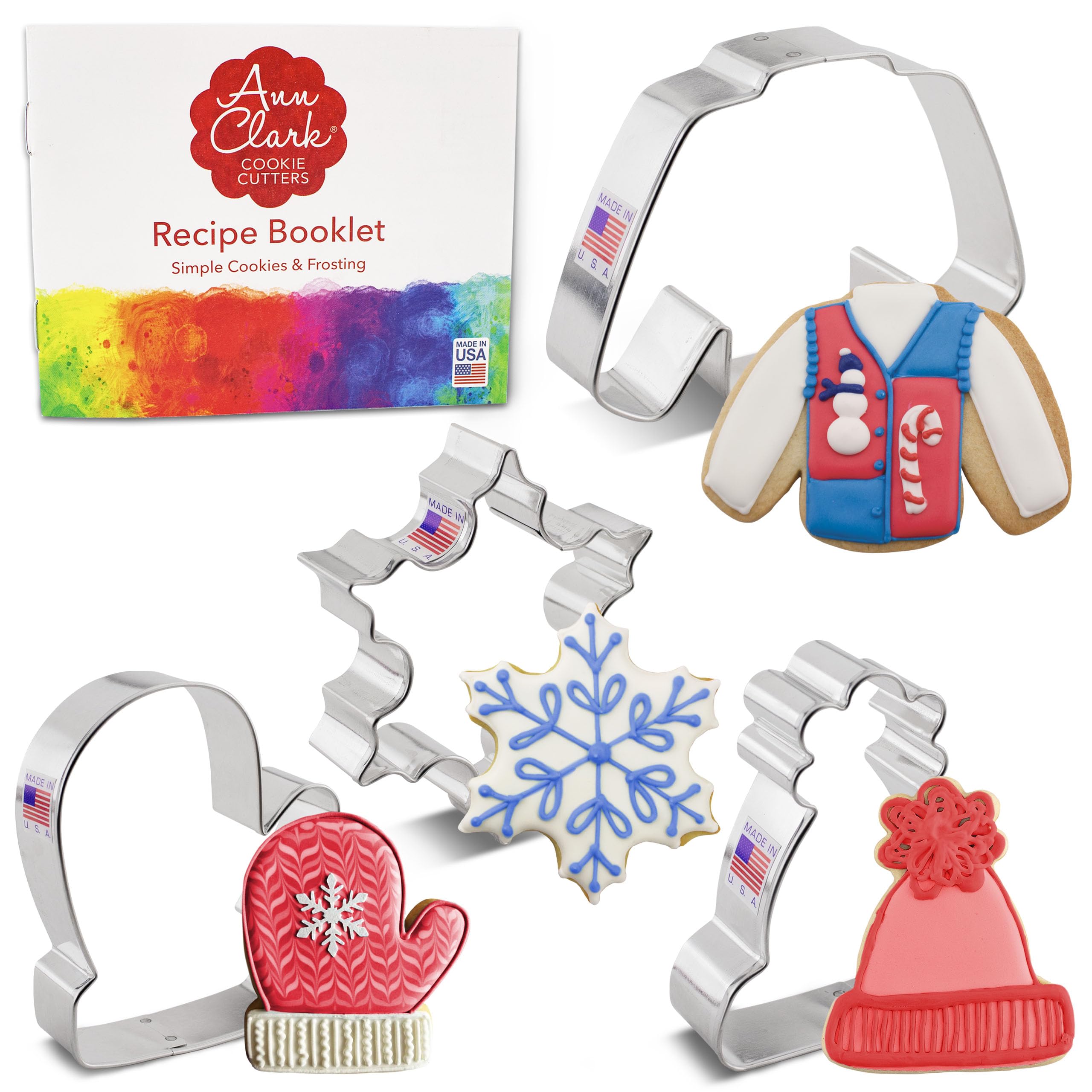 Winter and Christmas Cookie Cutters 4-Pc Set Made in USA by Ann Clark, Snowflake, Sweater, Mitten, Winter Hat