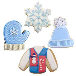 Winter and Christmas Cookie Cutters 4-Pc Set Made in USA by Ann Clark, Snowflake, Sweater, Mitten, Winter Hat