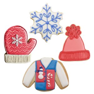 Winter and Christmas Cookie Cutters 4-Pc Set Made in USA by Ann Clark, Snowflake, Sweater, Mitten, Winter Hat