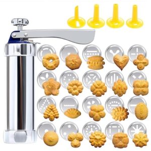 cookie press, stainless steel churro maker machine biscuit press cookie gun set with 20 decorative molds and 4 nozzles for diy biscuit maker 8.27 x 6.10in cookie press machine cookie press gun