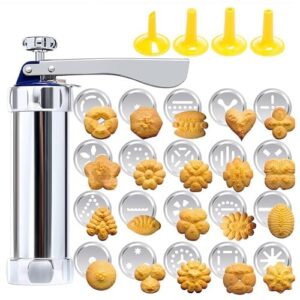 Cookie Press, Stainless Steel Churro Maker Machine Biscuit Press Cookie Gun Set with 20 Decorative Molds and 4 Nozzles for DIY Biscuit Maker 8.27 x 6.10in Cookie Press Machine Cookie Press Gun