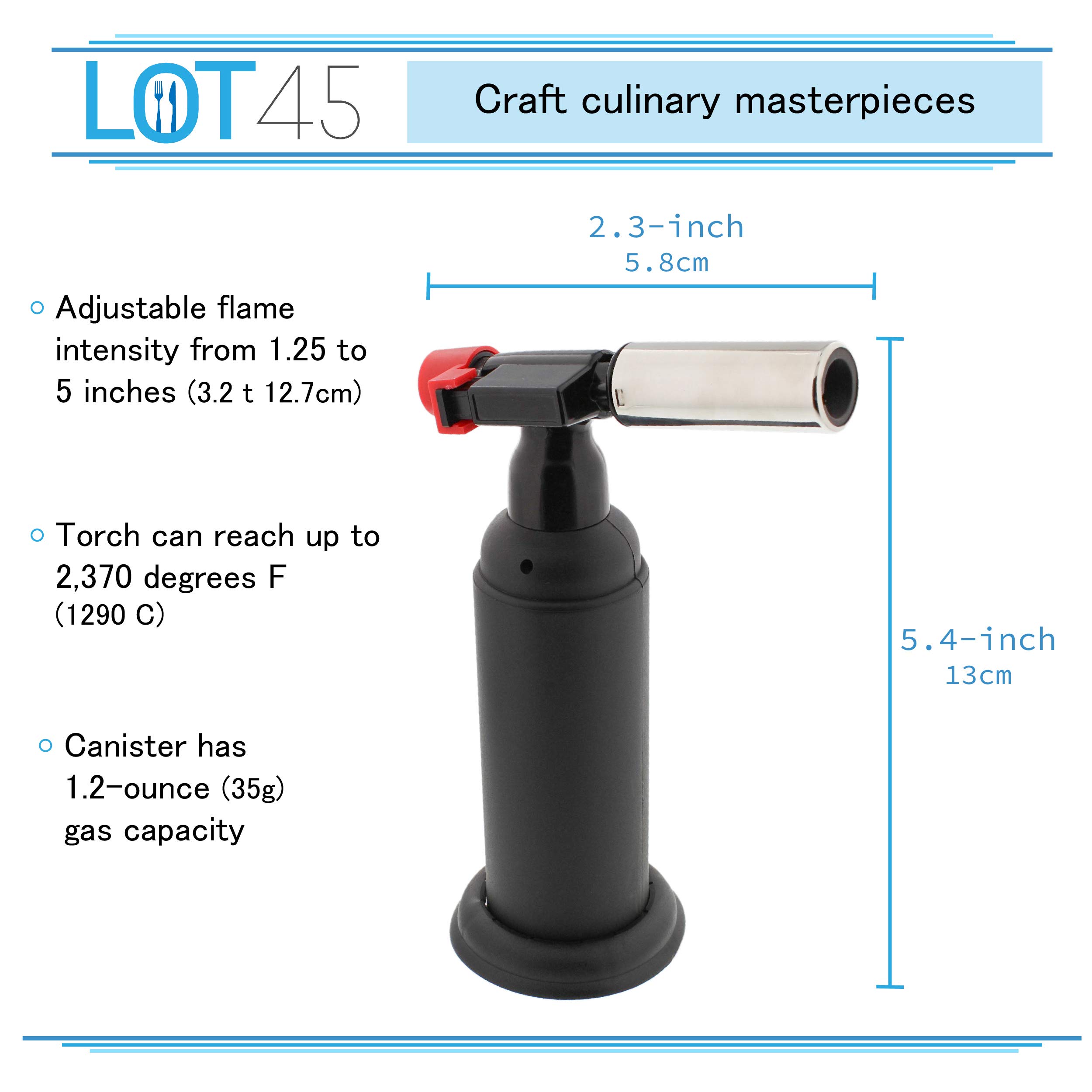 Lot45 Butane Kitchen Torch, 1oz - Small Torch Lighters Butane Refillable Canister, Cooking Blow Torch for Big Flame