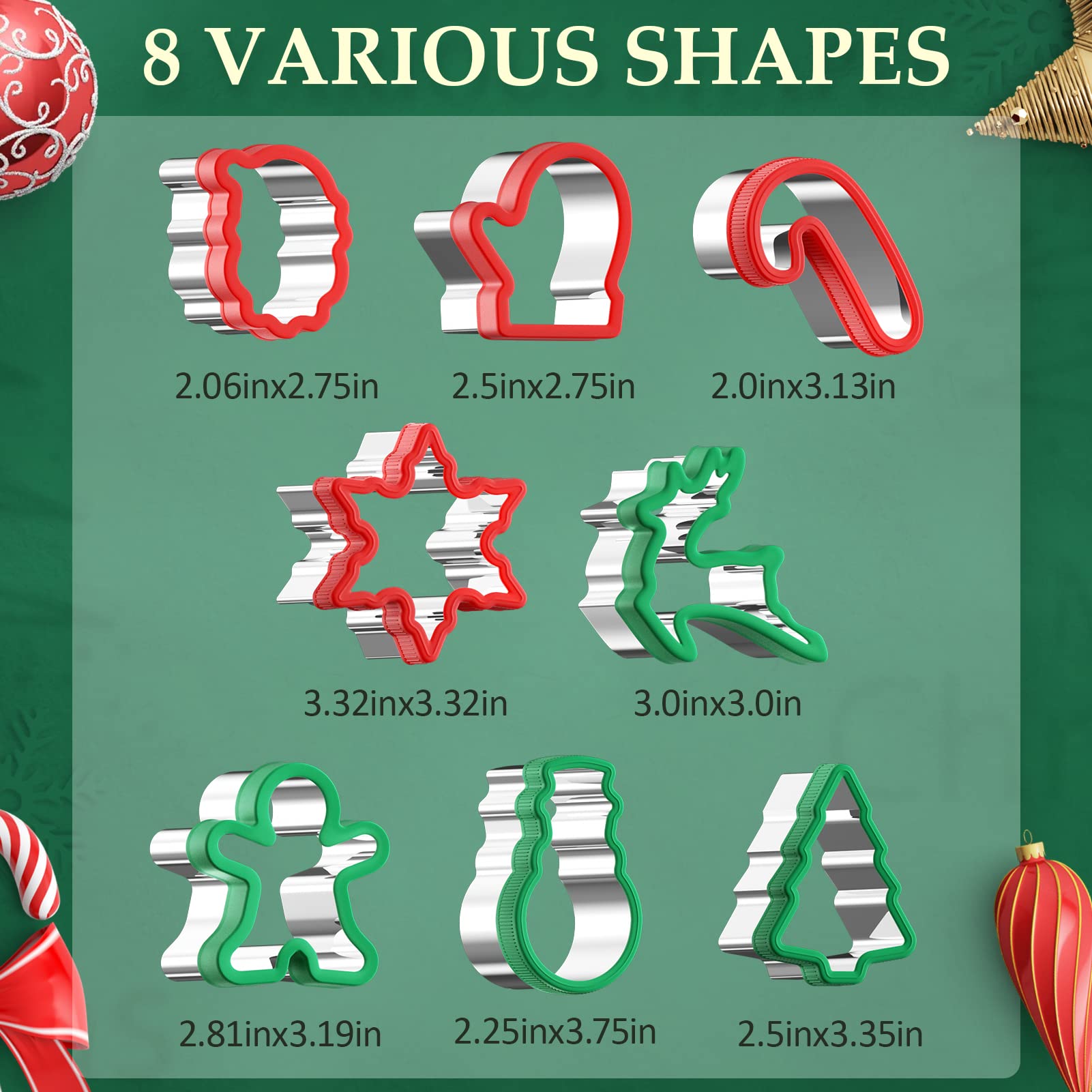 Christmas Cookie cutters Set 8 Pieces, Holiday Cookie Cutters with Comfort Grip, Stainless Steel Baking Cutters Christmas Shapes for Xmas, Gingerbread Man, Snowflakes, Christmas Tree, Santa, etc