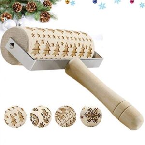 3d wooden christmas embossed pattern rolling pin, laser engraved pastry pizza baking roller pin for christmas cookies baking non stick(christmas tree)