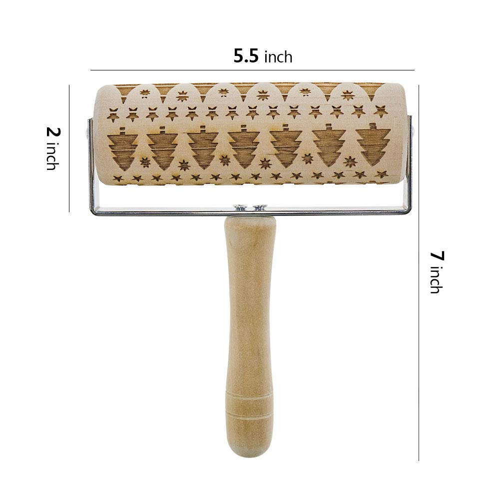 3D Wooden Christmas Embossed Pattern Rolling Pin, Laser Engraved Pastry Pizza Baking Roller Pin for Christmas Cookies Baking Non Stick(Christmas Tree)