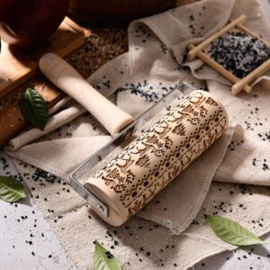 3D Wooden Christmas Embossed Pattern Rolling Pin, Laser Engraved Pastry Pizza Baking Roller Pin for Christmas Cookies Baking Non Stick(Christmas Tree)