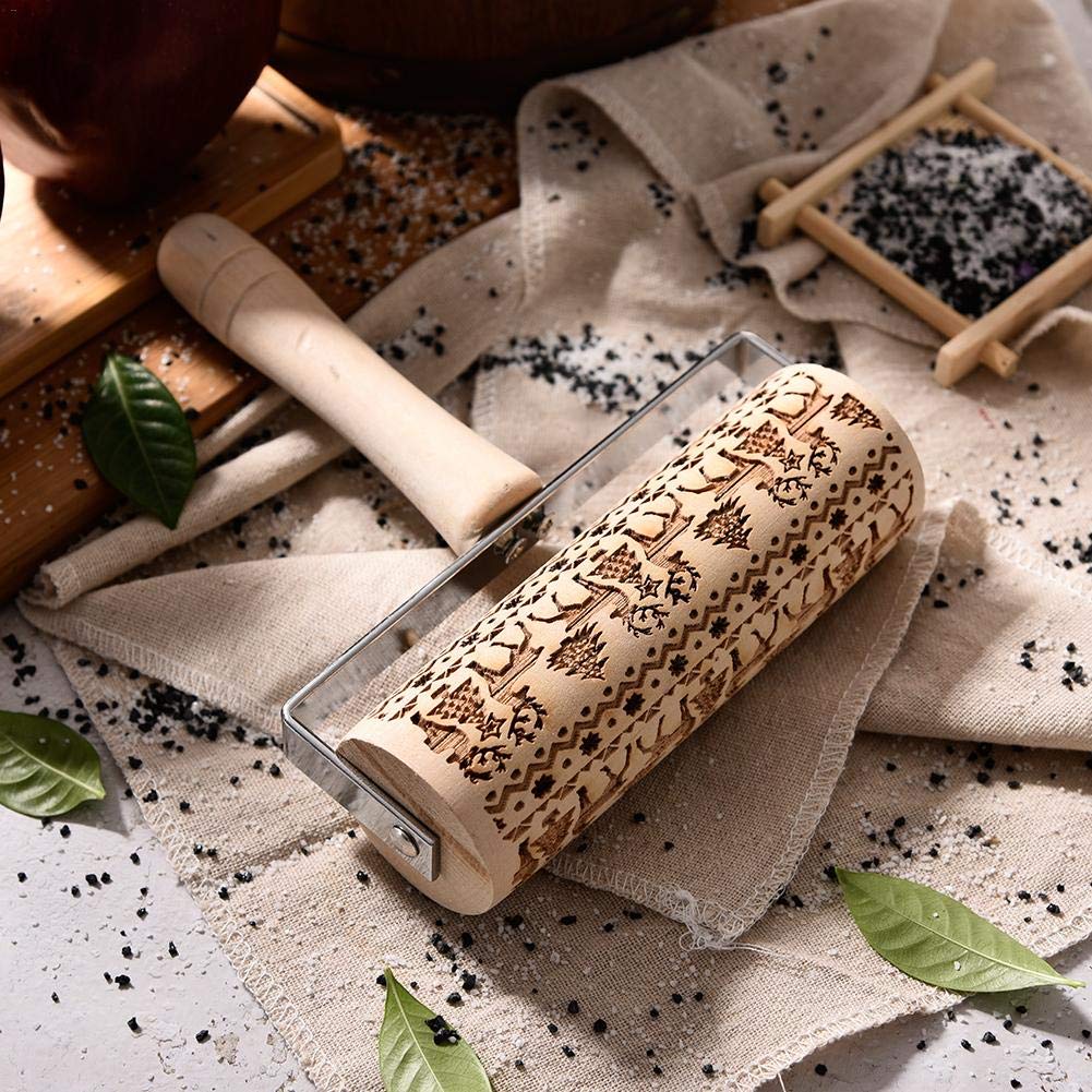 3D Wooden Christmas Embossed Pattern Rolling Pin, Laser Engraved Pastry Pizza Baking Roller Pin for Christmas Cookies Baking Non Stick(Christmas Tree)