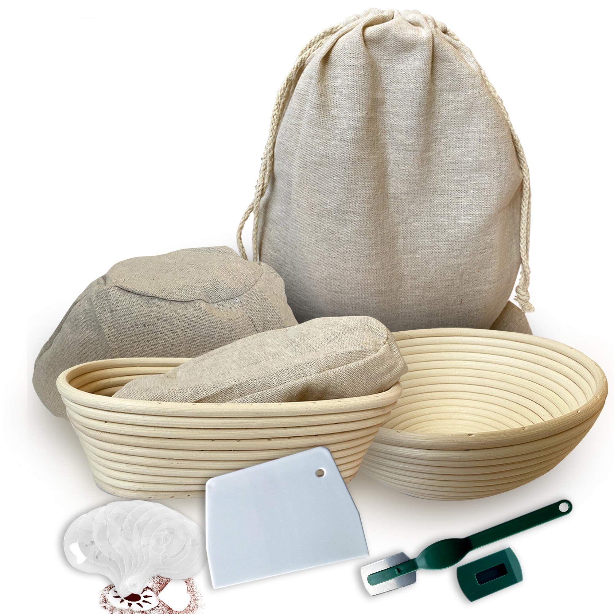 RoEsha Banneton Bread Proofing Basket 23 Piece Set, Round 9 and Oval 10 Inch Rattan Sourdough Baskets with Dough Scraper, Scoring Lame, Linen Bread Bag, Bread Basket Liner and Bread Stencils