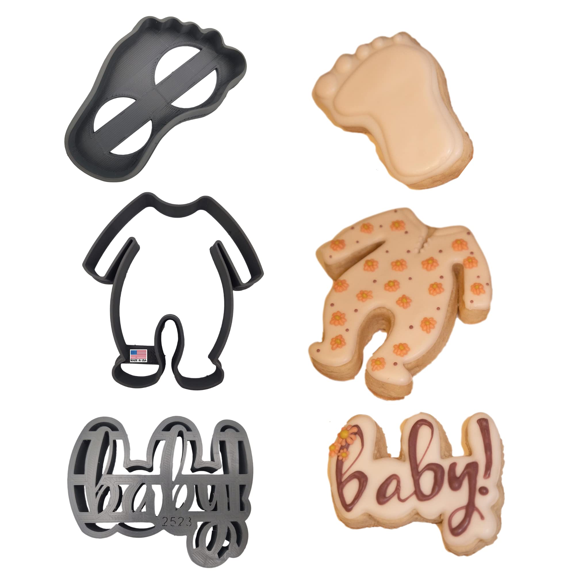 BABY SHOWER SPRINKLE COOKIE CUTTERS Baby Welcome Home Special Occasion Celebration Footie Pajamas With Cursive Word Handwriting And Infant Footprint Cookie Cutters (3 pack)