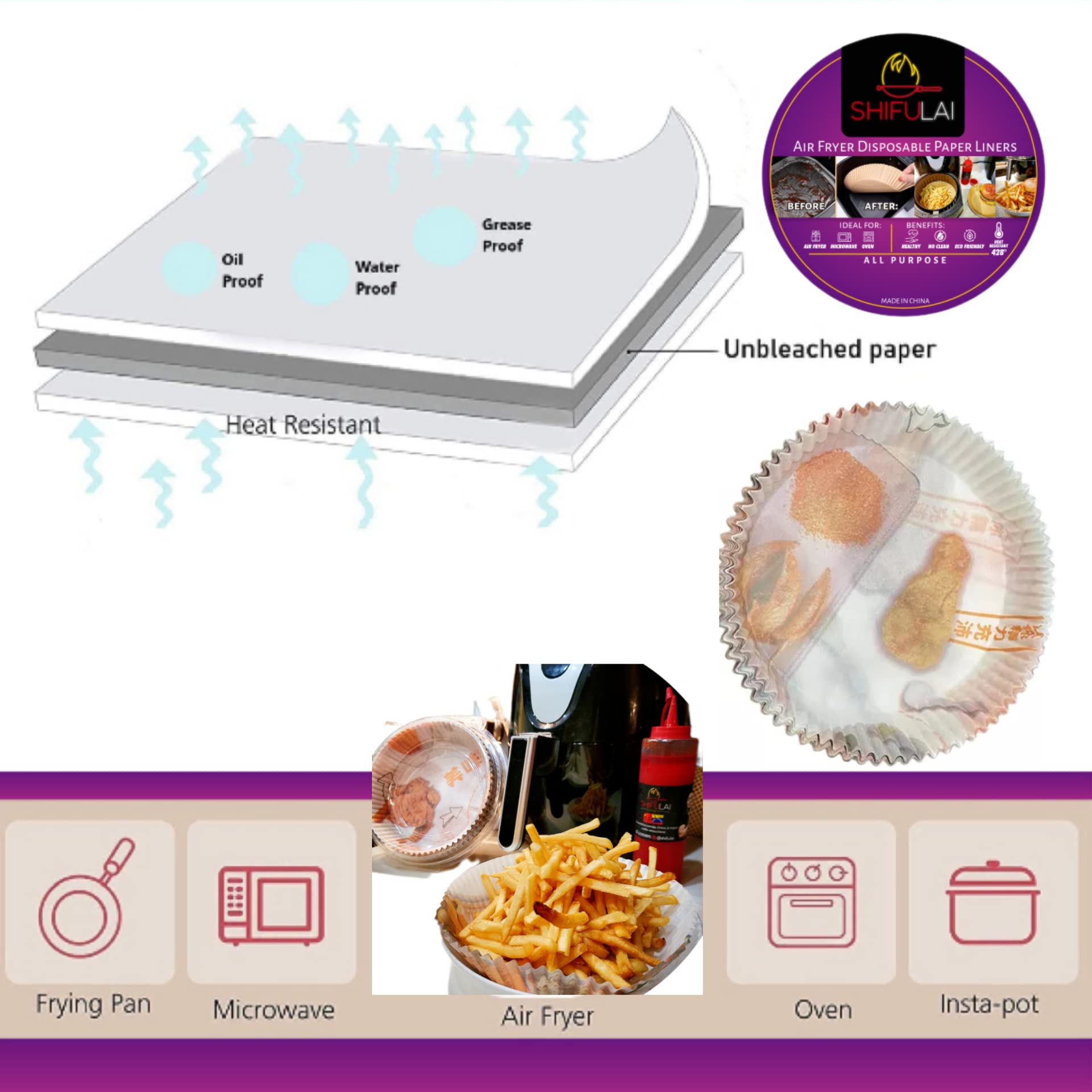 SHIFULAI Air Fryer Liners Disposable – 50 Pcs Parchment Paper for Baking, Keeps Oven, Microwave Clean – Non-stick Food Grade Air fryer Liners 6.3” Inch Round Baking Paper - Papel Para Air Fryer