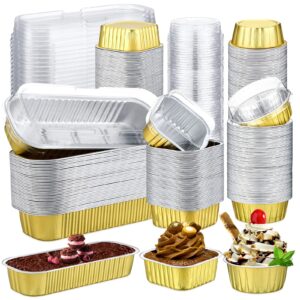 120 sets 3 shapes disposable mini aluminum foil baking cups with lids, 5oz mini loaf pans, 5oz square baking cups, 7oz muffin tins, dessert cups with lids for bread muffin brownie cheesecake