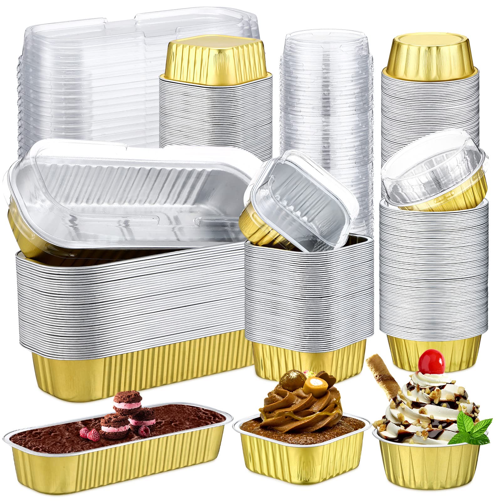 120 Sets 3 Shapes Disposable Mini Aluminum Foil Baking Cups With Lids, 5oz Mini Loaf Pans, 5oz Square Baking Cups, 7oz Muffin Tins, Dessert Cups With Lids for Bread Muffin Brownie Cheesecake