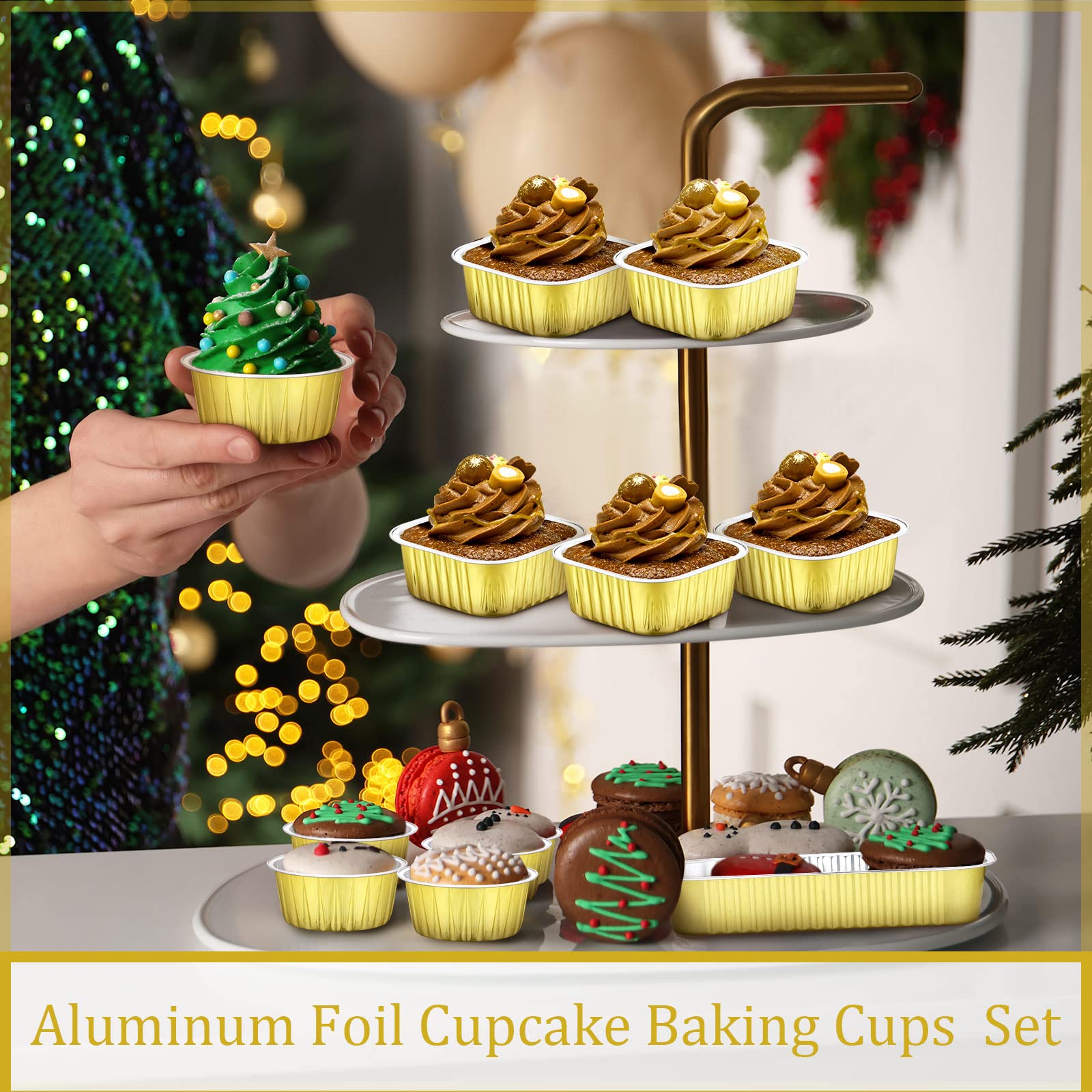 120 Sets 3 Shapes Disposable Mini Aluminum Foil Baking Cups With Lids, 5oz Mini Loaf Pans, 5oz Square Baking Cups, 7oz Muffin Tins, Dessert Cups With Lids for Bread Muffin Brownie Cheesecake