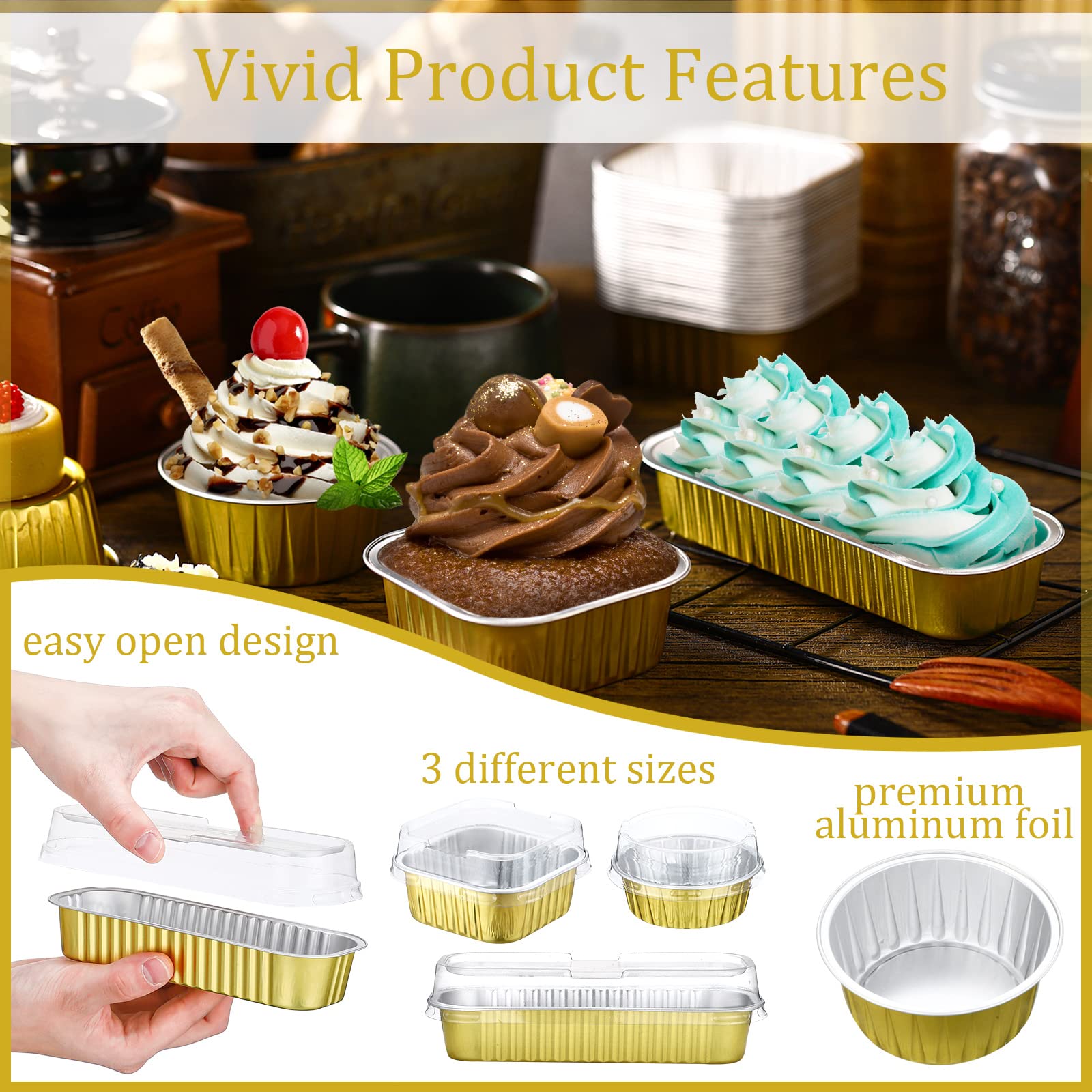 120 Sets 3 Shapes Disposable Mini Aluminum Foil Baking Cups With Lids, 5oz Mini Loaf Pans, 5oz Square Baking Cups, 7oz Muffin Tins, Dessert Cups With Lids for Bread Muffin Brownie Cheesecake