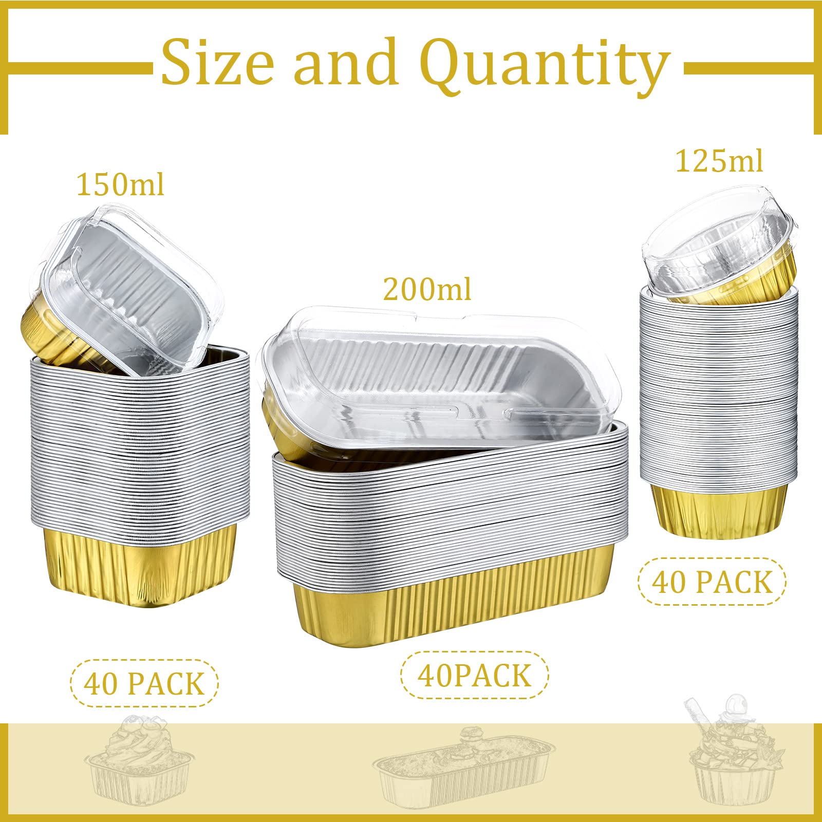 120 Sets 3 Shapes Disposable Mini Aluminum Foil Baking Cups With Lids, 5oz Mini Loaf Pans, 5oz Square Baking Cups, 7oz Muffin Tins, Dessert Cups With Lids for Bread Muffin Brownie Cheesecake