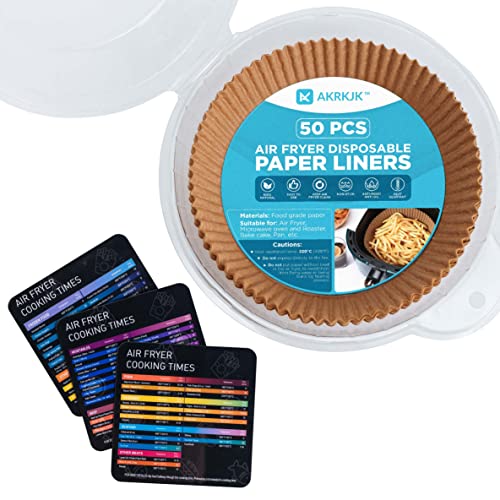 AKRKJK 50 Air Fryer Liners and 3 Magnetic Cheat Sheets - Food-Grade Disposable Air Fryer Parchment Paper Liners - Time-Saving Air Fryer Cheat Sheet Magnets - Cook Cleaner and Faster