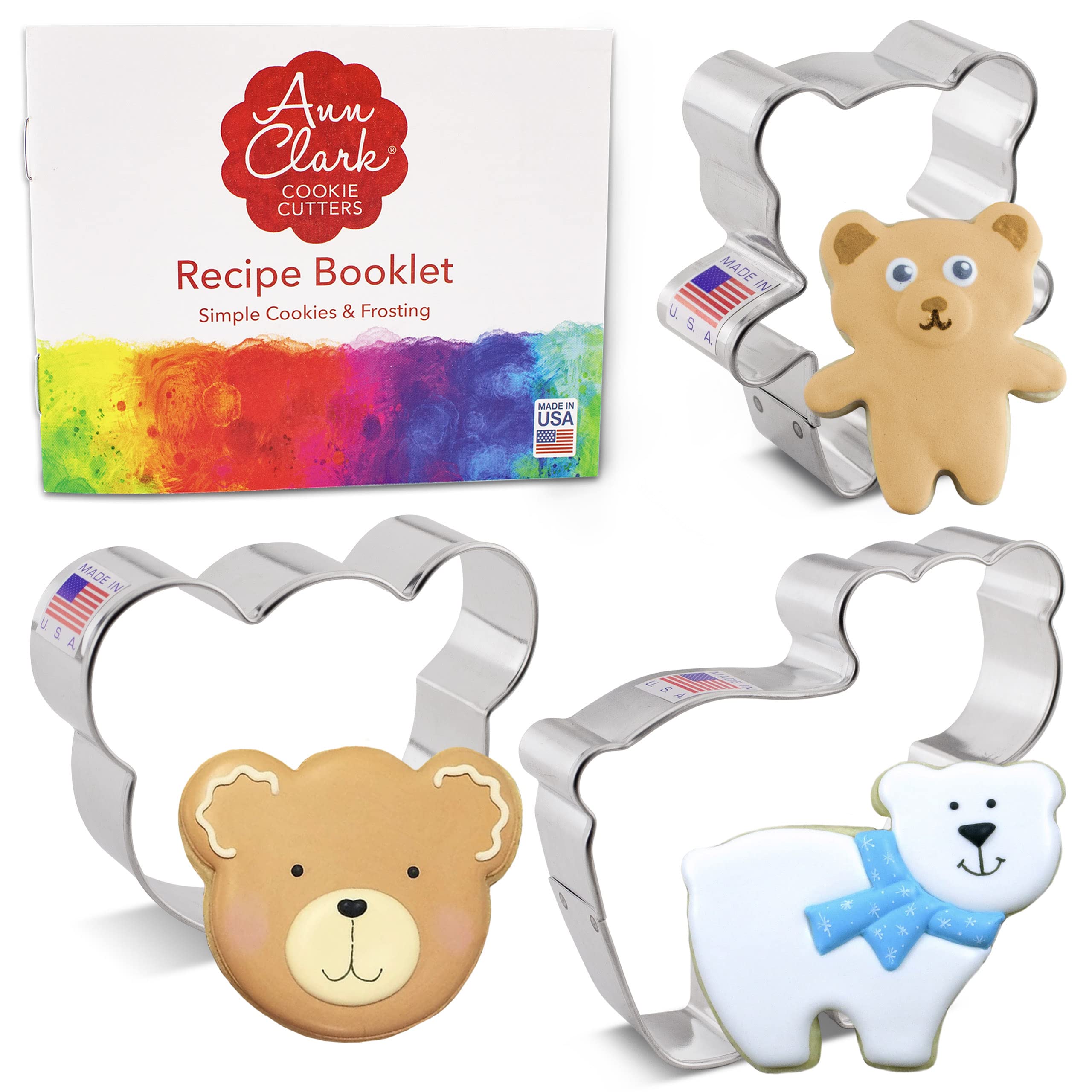 Bear Cookie Cutters 3-Pc. Set, Made in the USA by Ann Clark, Tiny Bear, Bear Face, Cute Bear