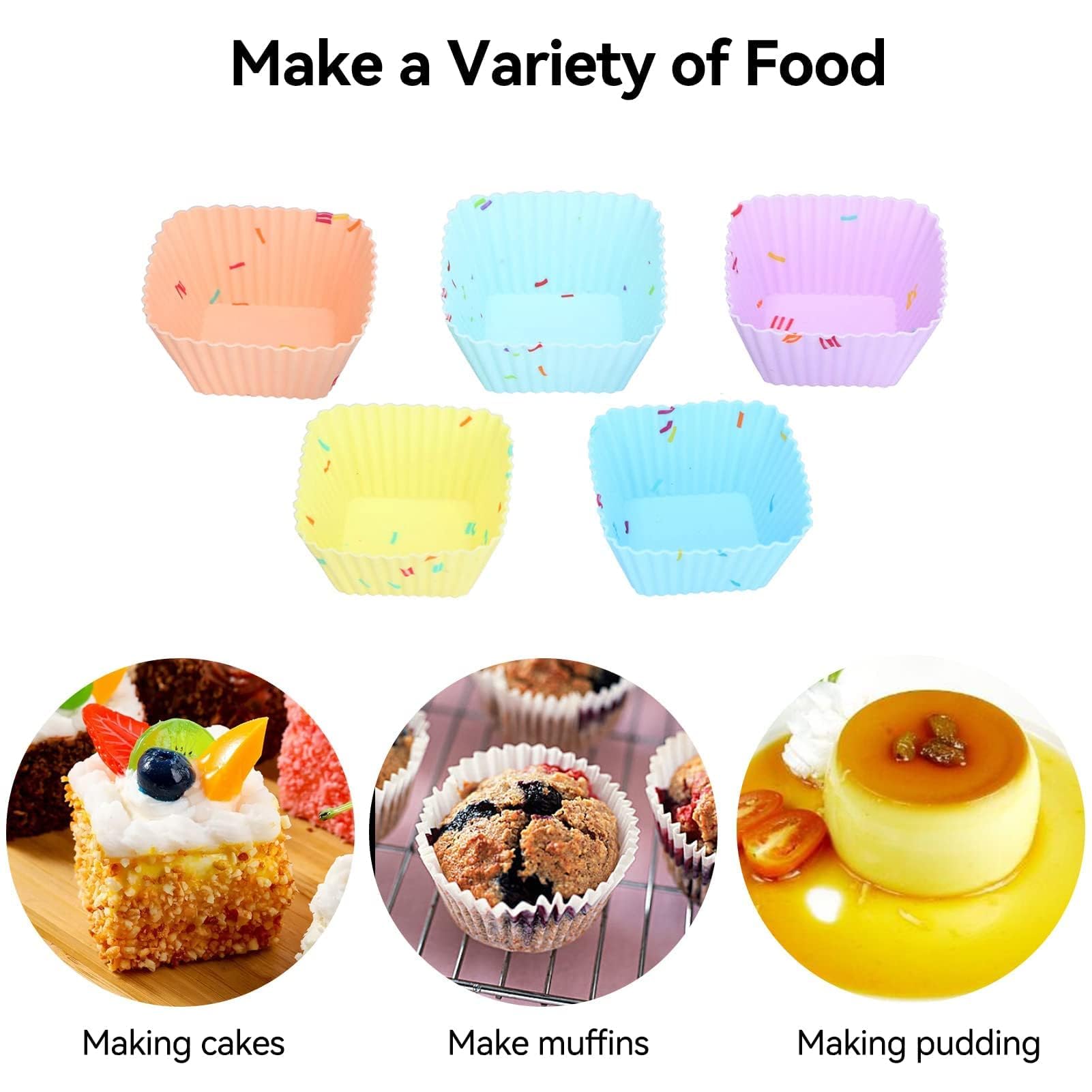 20PCS Silicone Baking Cups, Reusable Square Cupcake Molds Non-stick Muffin Liners for Party Halloween Christmas Muffin Cake Mold Cupcake Baking Molds for Making Muffin Chocolate Bread, Multicolor