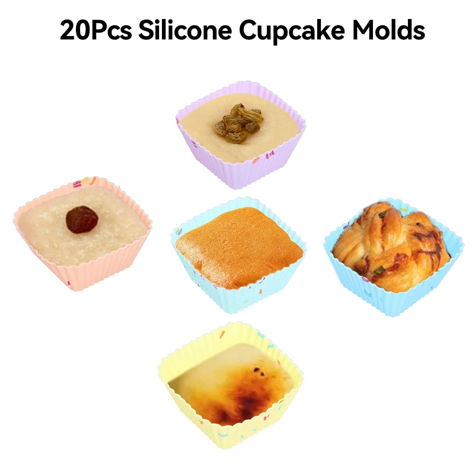 20PCS Silicone Baking Cups, Reusable Square Cupcake Molds Non-stick Muffin Liners for Party Halloween Christmas Muffin Cake Mold Cupcake Baking Molds for Making Muffin Chocolate Bread, Multicolor