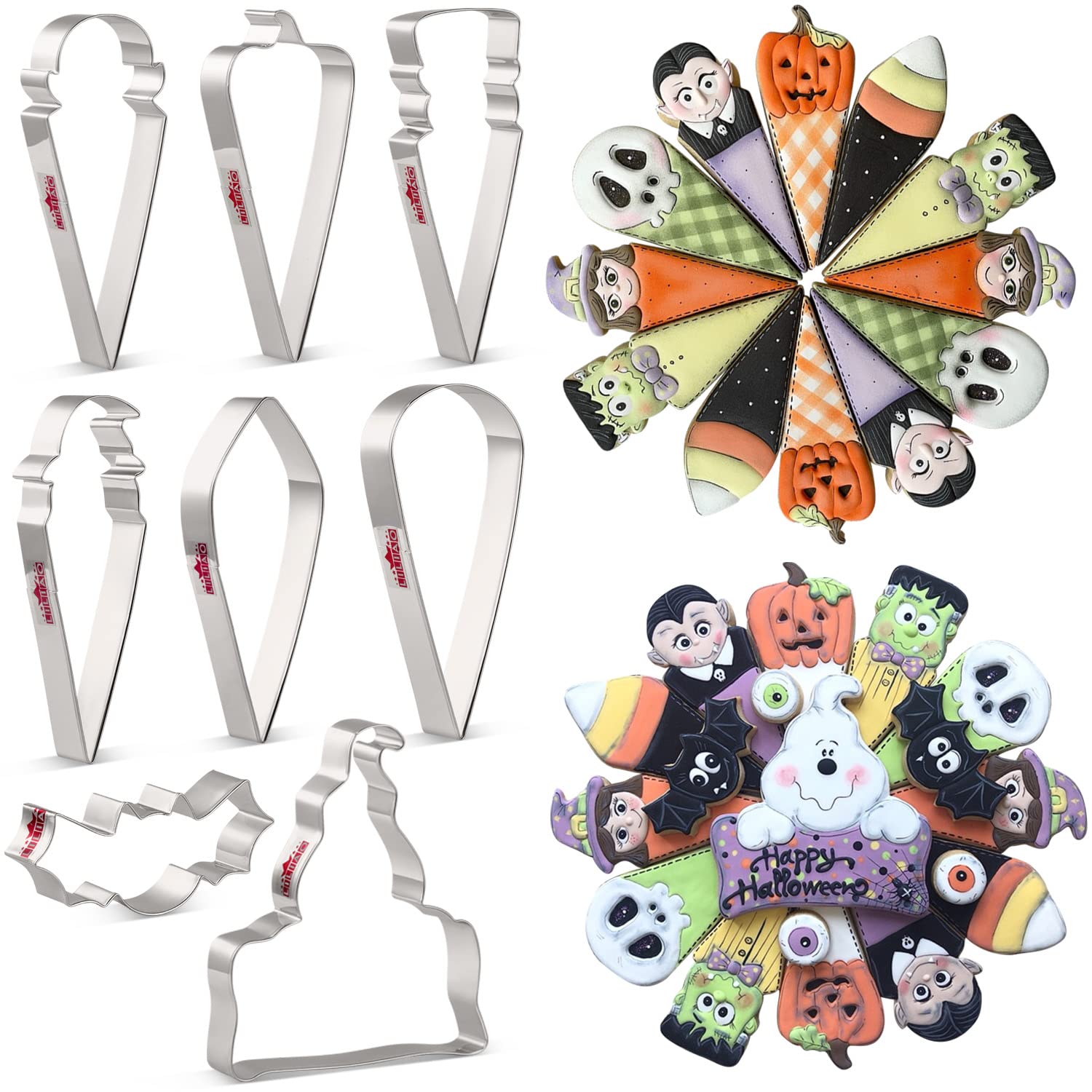 LILIAO Halloween Cookie Cutter Set - 8 Piece - Skull, Witch, Candy Corn, Vampire, Pumpkin, Zombie, Bat and Ghost Plaque Fondant Biscuit Cutters - Stainless Steel